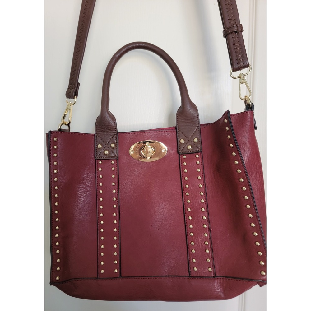 Elissa Burgandy Studded Bag 3 Piece Vegan Leather Handbag Crossbody Wristlet